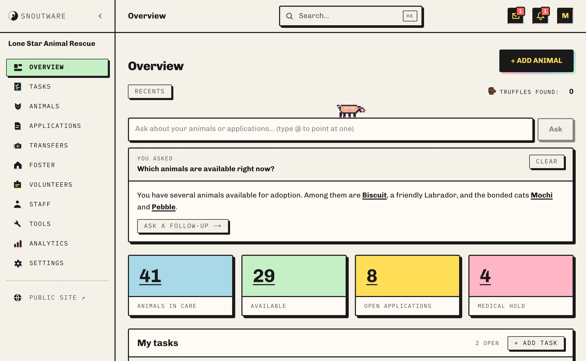 The SnoutWare dashboard for a shelter with 52 animals in care, 29 available, 8 open applications and 4 on medical hold, above an ask-anything bar answering which animals are available, and today's open tasks.